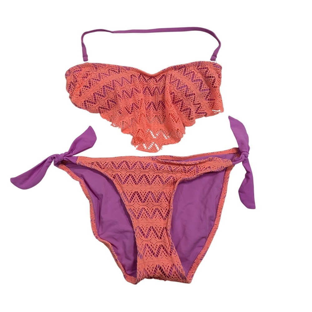 Hula Honey Women Bikini Set S/M Coral Purple Lace Flounce